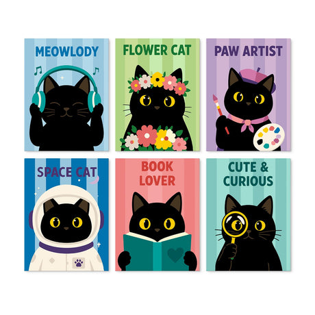 Astronaut and Artist Black Cats mini board kit – Black cats in headphones, a flower crown, a painter's beret, a space suit, reading a book, with a magnifier