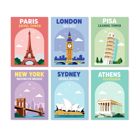 World City Landmark Posters mini board kit – Travel posters: Eiffel Tower, Big Ben, Leaning Tower of Pisa, Brooklyn Bridge, Sydney harbour and Parthenon