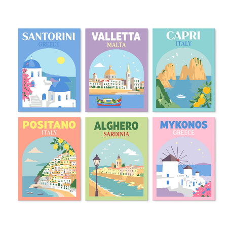 Island-Hopping Travel Posters mini board kit – Travel posters: Santorini, Valletta, Capri, Positano, Alghero and Mykonos seaside towns