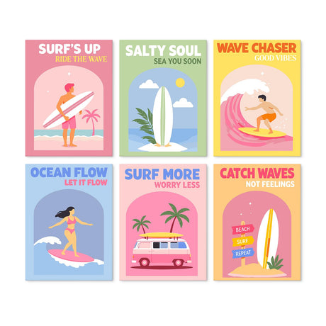 Wave Chaser Surf Posters mini board kit – Surf posters: surfer girls, a surfboard on the sand, a big wave rider, a pink camper van and a beach sign
