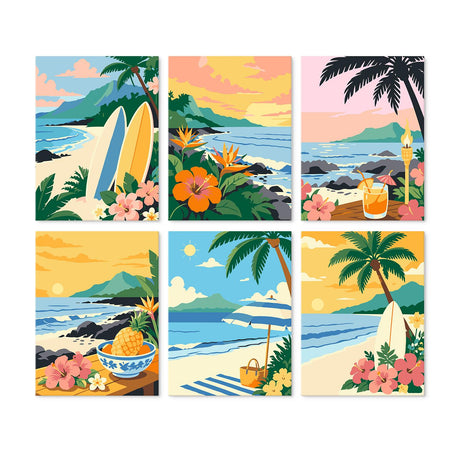 Hibiscus Beach Paradise mini board kit – Tropical beaches: surfboards on sand, hibiscus at sunset, palm with a drink, pineapple bowl, beach umbrella, palms