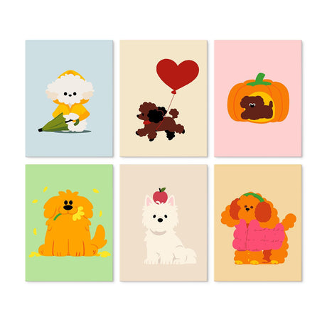 Heart Balloon Poodle Pals mini board kit – Fluffy cartoon dogs: in a raincoat, with a heart balloon, in a pumpkin, sitting, with an apple, in a pink sweater
