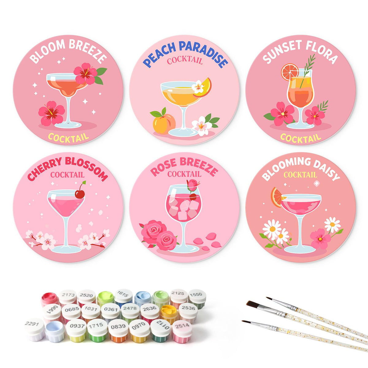 Cherry Blossom Pink Cocktails mini board kit – the 6 designs with the paint pots and brushes