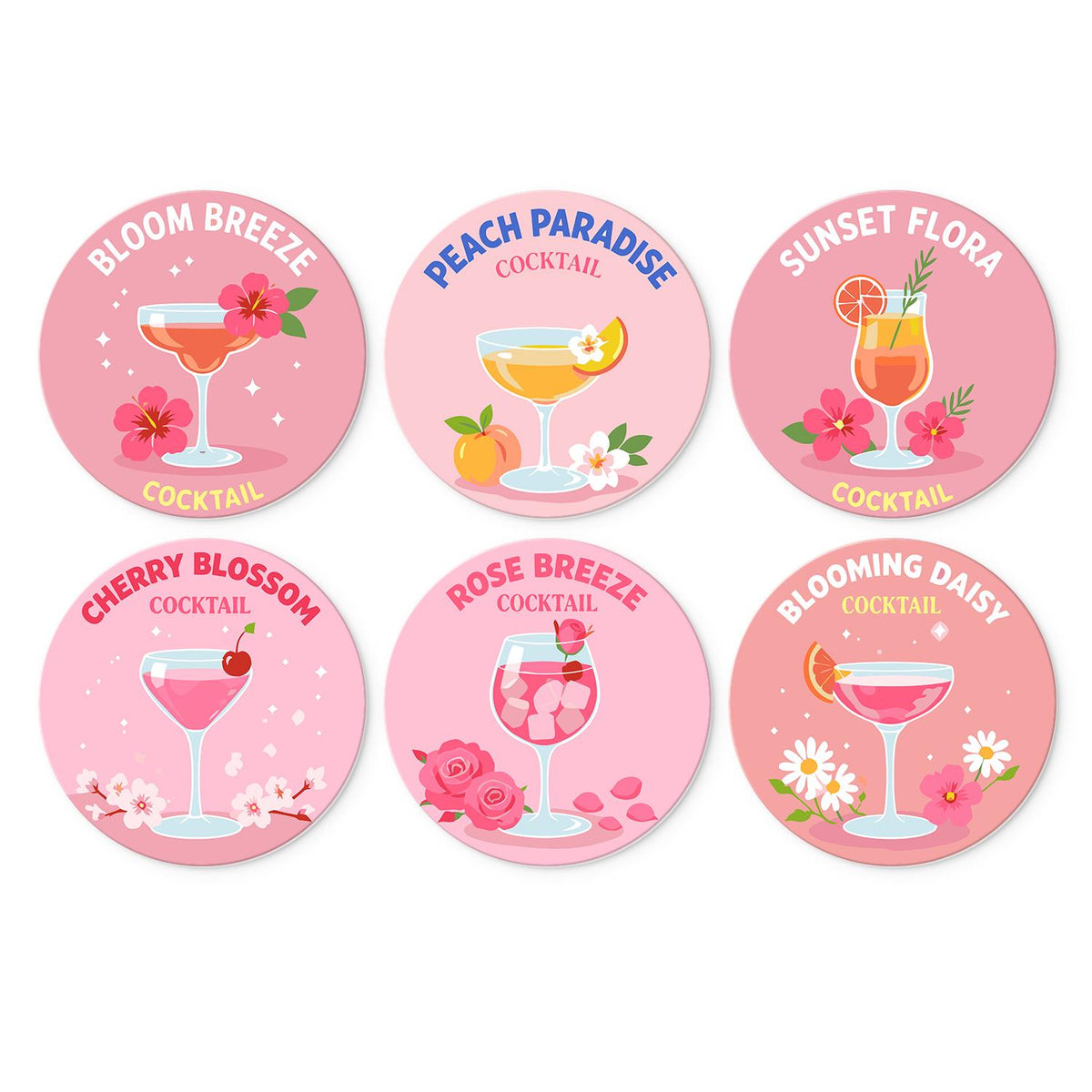 Cherry Blossom Pink Cocktails mini board kit – Pink floral cocktails with names: Bloom Breeze, Peach Paradise, Sunset Flora, Cherry Blossom, Rose Breeze and more