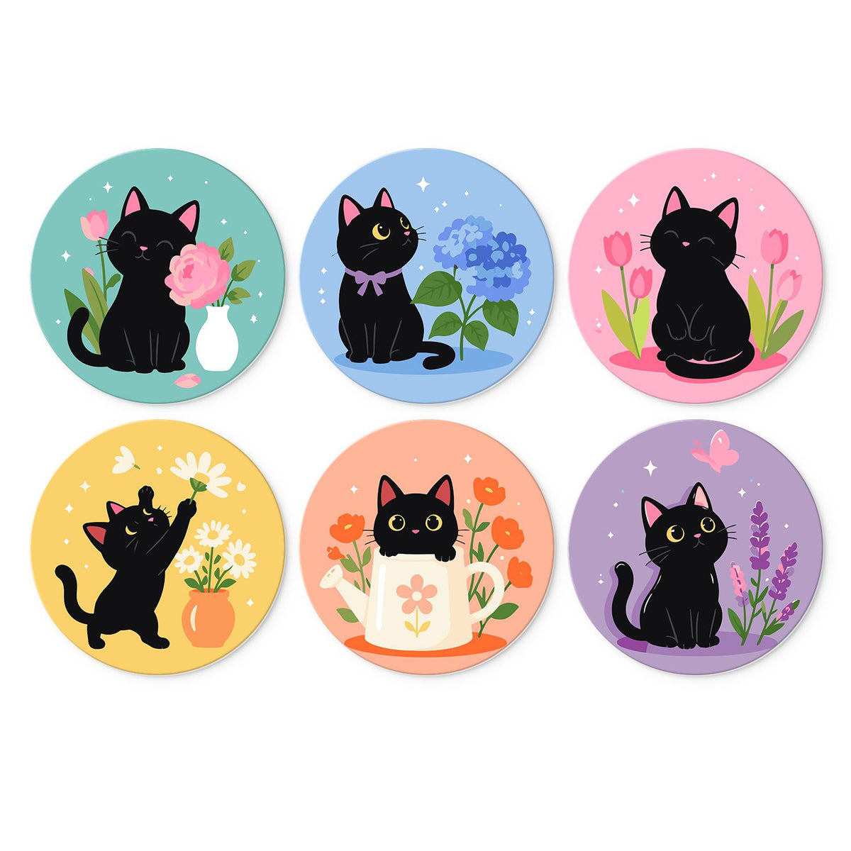 Black Cats in Spring Blooms mini board kit – Black cats with flowers: peonies, hydrangeas, tulips, daisies, a flowery teacup and lavender