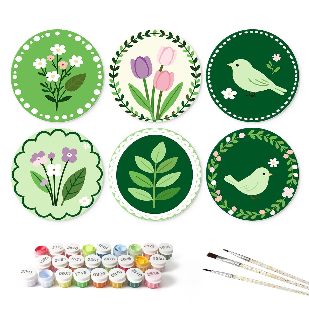 Sage Garden Birds and Tulips mini board kit – the 6 designs with the paint pots and brushes