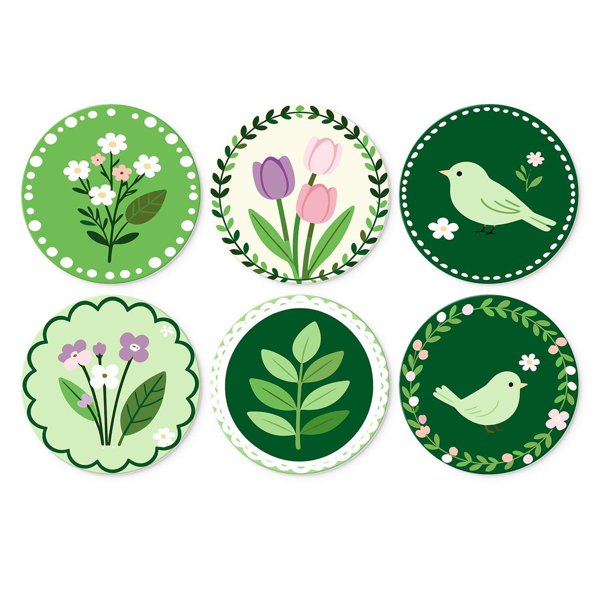 Sage Garden Birds and Tulips mini board kit – Green botanical cameos: white blossoms, tulips in a wreath, songbird, lilac sprig, leafy stem and bird in leaves