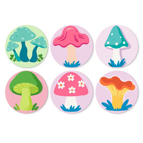 Candy-Colored Mushroom Patch mini board kit – Pastel mushrooms: teal toadstools, pink caps, a spotted cap, a green mushroom and an orange chanterelle