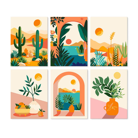 Cactus and Archway Boho Prints mini board kit – Boho botanicals: cacti, a leafy archway, desert grasses, a potted plant, a sea view arch and an orange vase