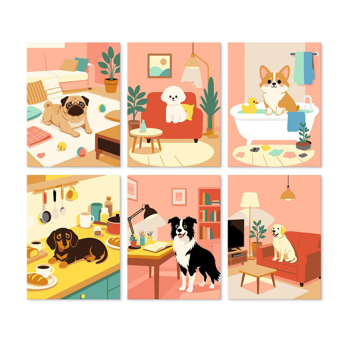 Corgi Bathtime and House Pups mini board kit – Dogs at home: pug on a rug, poodle on a sofa, corgi in a bath, dachshund in a kitchen, collie, retriever