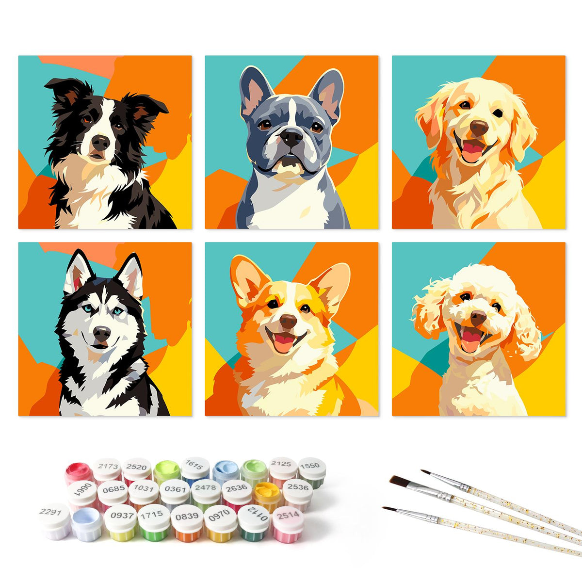 Pop-Art Pup Portraits mini board kit – the 6 designs with the paint pots and brushes