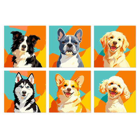 Pop-Art Pup Portraits mini board kit – Border collie, French bulldog, golden retriever, husky, corgi and poodle portraits on orange and teal