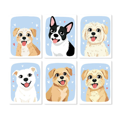 Happy Pup Faces on Sky Blue mini board kit – Smiling puppy portraits on light blue with hearts, including a black and white terrier and fluffy white pups