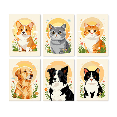 Golden Sun Pet Portraits mini board kit – Pet portraits with a sun and flowers: corgi, grey cat, orange tabby, golden retriever, border collie, tuxedo cat
