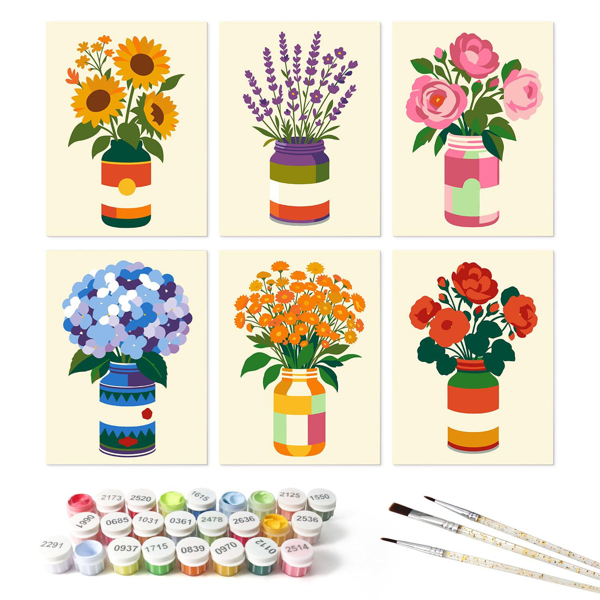 Tin-Can Sunflowers and Lavender mini board kit – the 6 designs with the paint pots and brushes