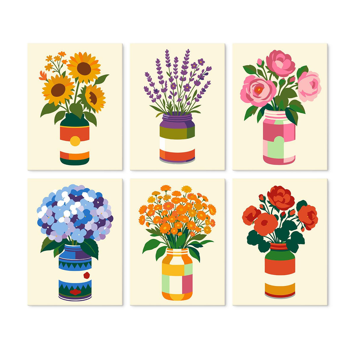 Tin-Can Sunflowers and Lavender mini board kit – Flowers in painted tin cans: sunflowers, lavender, pink peonies, blue hydrangeas, orange marigolds and red roses