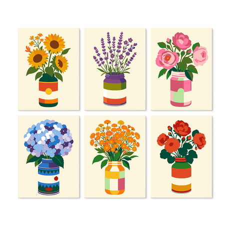 Tin-Can Sunflowers and Lavender mini board kit – Flowers in painted tin cans: sunflowers, lavender, pink peonies, blue hydrangeas, orange marigolds and red roses