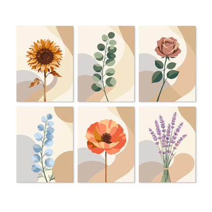 Boho Neutral Single Stems mini board kit – Single stems on neutral boho shapes: sunflower, eucalyptus, rose, blue sprig, red poppy and lavender