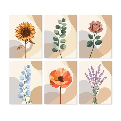 Boho Neutral Single Stems mini board kit – Single stems on neutral boho shapes: sunflower, eucalyptus, rose, blue sprig, red poppy and lavender