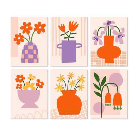 Tangerine and Lilac Vases mini board kit – Modern vases with orange, purple and yellow flowers on soft pink, one vase checkered, plus bell flowers