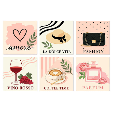 Sweet Life Wine and Perfume mini board kit – Elegant prints: amore heart, straw hat, quilted handbag, red wine with grapes, latte art cup and perfume