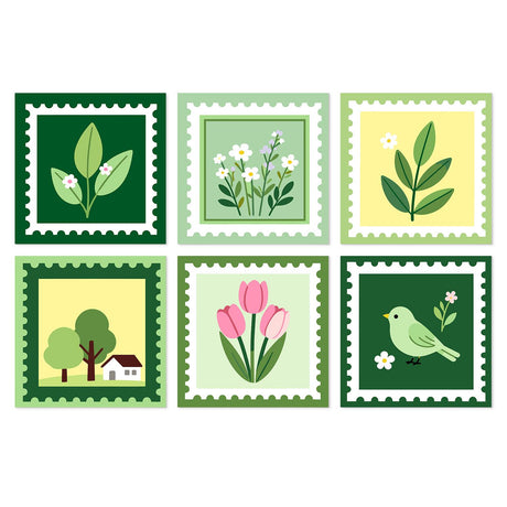 Botanical Postage Stamps mini board kit – Green postage-stamp frames around leaves, white flowers, a tree and cottage, pink tulips and a little bird