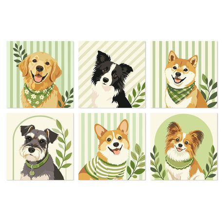 Sage Stripe Dog Portraits mini board kit – Golden retriever, border collie, shiba inu, schnauzer, corgi in a sweater and papillon on sage stripes and leaves