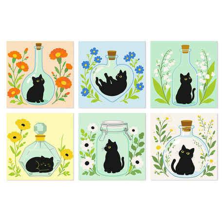 Bottled Black Cats in Bloom mini board kit – Black cats curled inside glass bottles and jars surrounded by orange, blue, yellow and white flowers