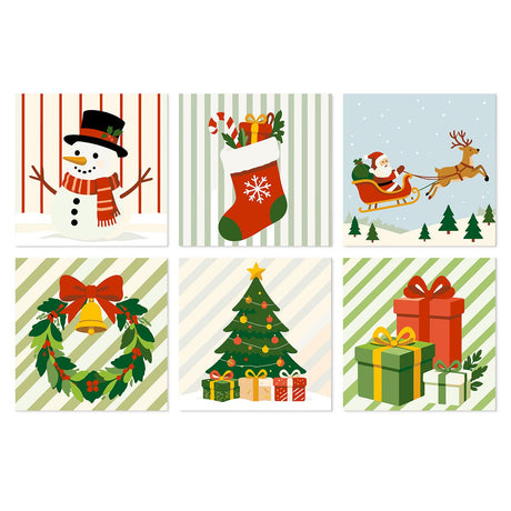 Candy Stripe Christmas Classics mini board kit – Snowman, stocking, Santa's sleigh with reindeer, wreath, decorated tree and gifts on striped backgrounds