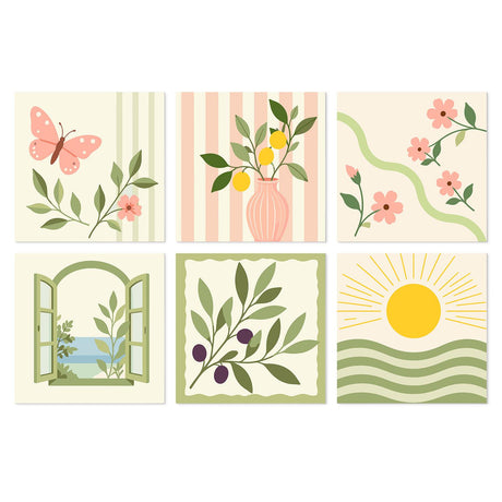 Pastel Window and Olive Branch mini board kit – Soft pastel butterfly with stems, lemon branch in a vase, blossoms, open window, olive branch and sun over waves