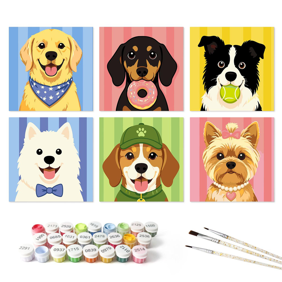 Donut Dachshund and Pup Pals mini board kit – the 6 designs with the paint pots and brushes