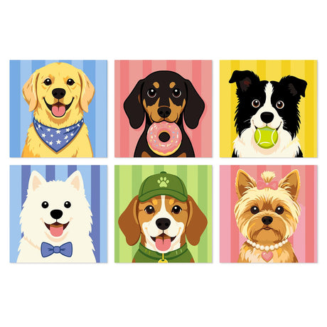 Donut Dachshund and Pup Pals mini board kit – Golden retriever, dachshund with a donut, collie with a ball, white spitz, beagle in a cap and yorkie on stripes