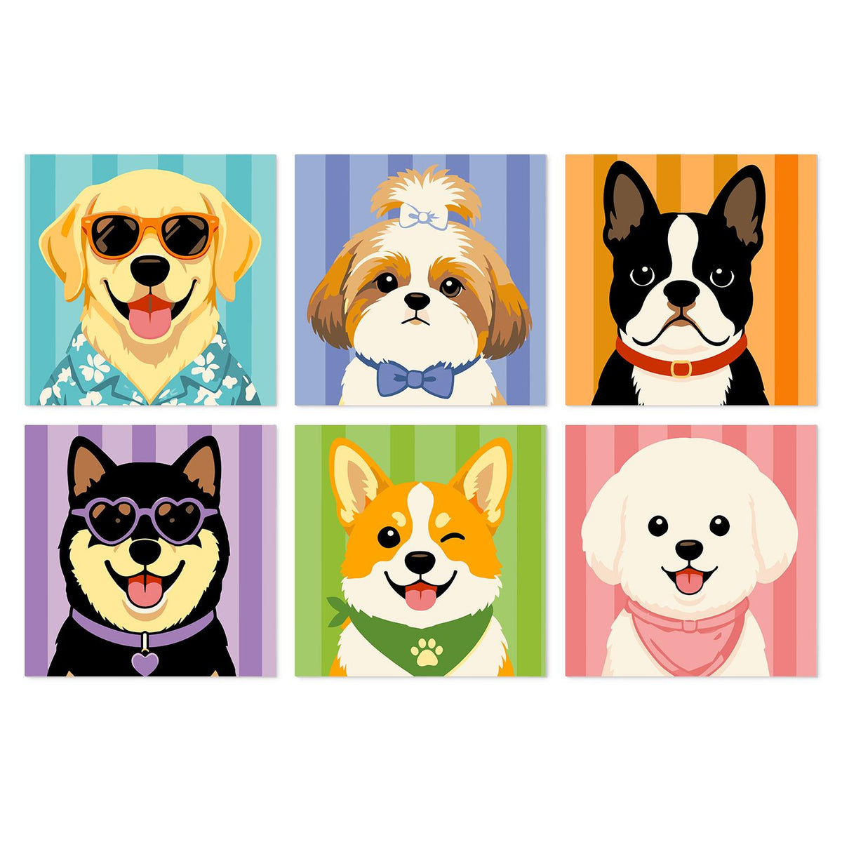 Cool Shades Doggy Portraits mini board kit – Golden retriever in sunglasses, shih tzu, Boston terrier, shiba in heart shades, winking corgi and bichon on stripes