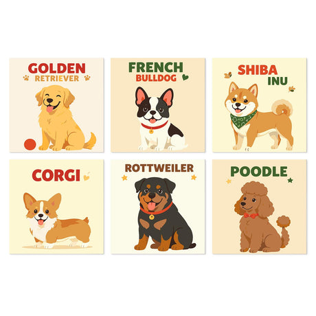 Breed Name Puppy Posters mini board kit – Labeled cartoon golden retriever, French bulldog, shiba inu, corgi, rottweiler and poodle on cream