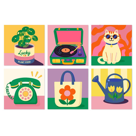 Retro Turntable and Rotary Phone mini board kit – Retro objects: potted plant, record player, cat in sunglasses, rotary phone, flower tote and watering can