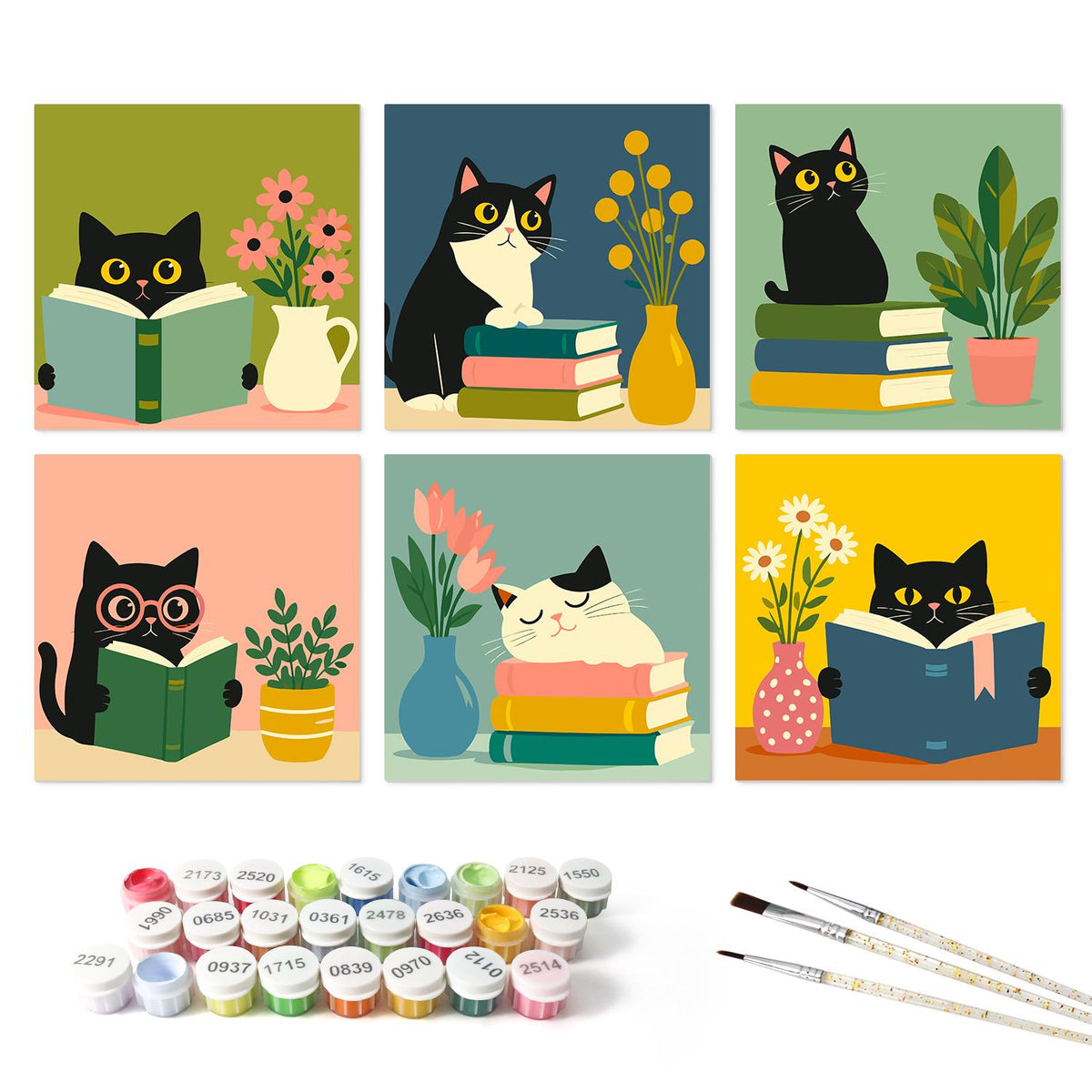 Bookworm Cats and Vases mini board kit – the 6 designs with the paint pots and brushes