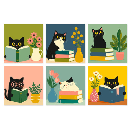 Bookworm Cats and Vases mini board kit – Black, tuxedo and white cats reading or napping on stacks of books beside vases of flowers and plants