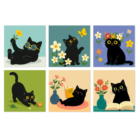 Daisy Crown Black Cats mini board kit – Black cats lounging in sunglasses, with daisies and a butterfly, a flower crown, a book and vases of blooms