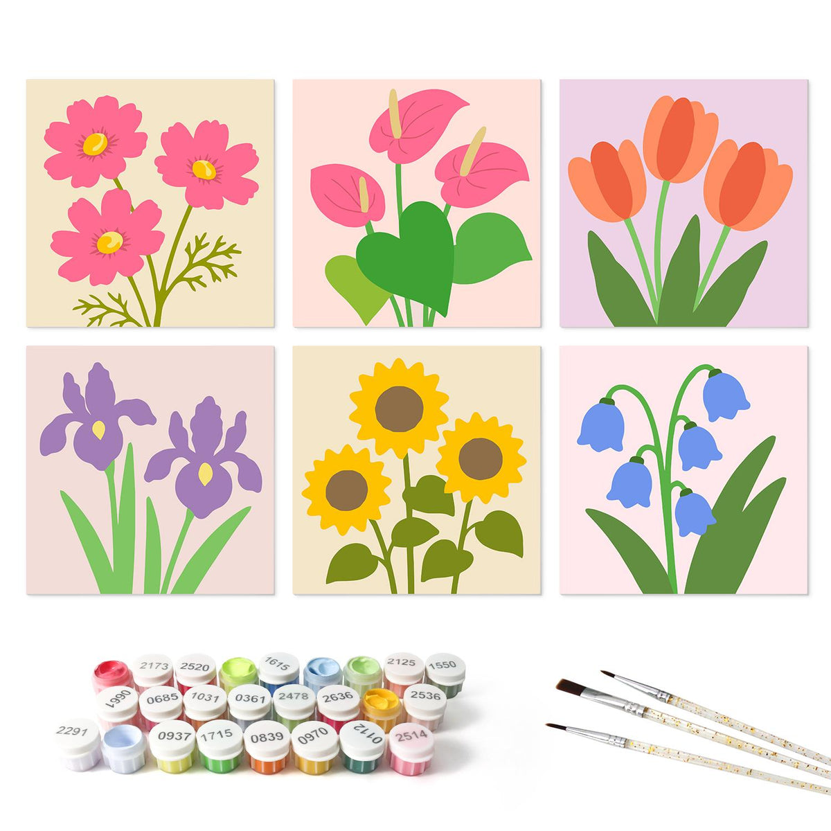 Sunflowers, Irises and Tulips mini board kit – the 6 designs with the paint pots and brushes