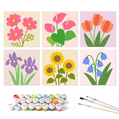 Sunflowers, Irises and Tulips mini board kit – the 6 designs with the paint pots and brushes