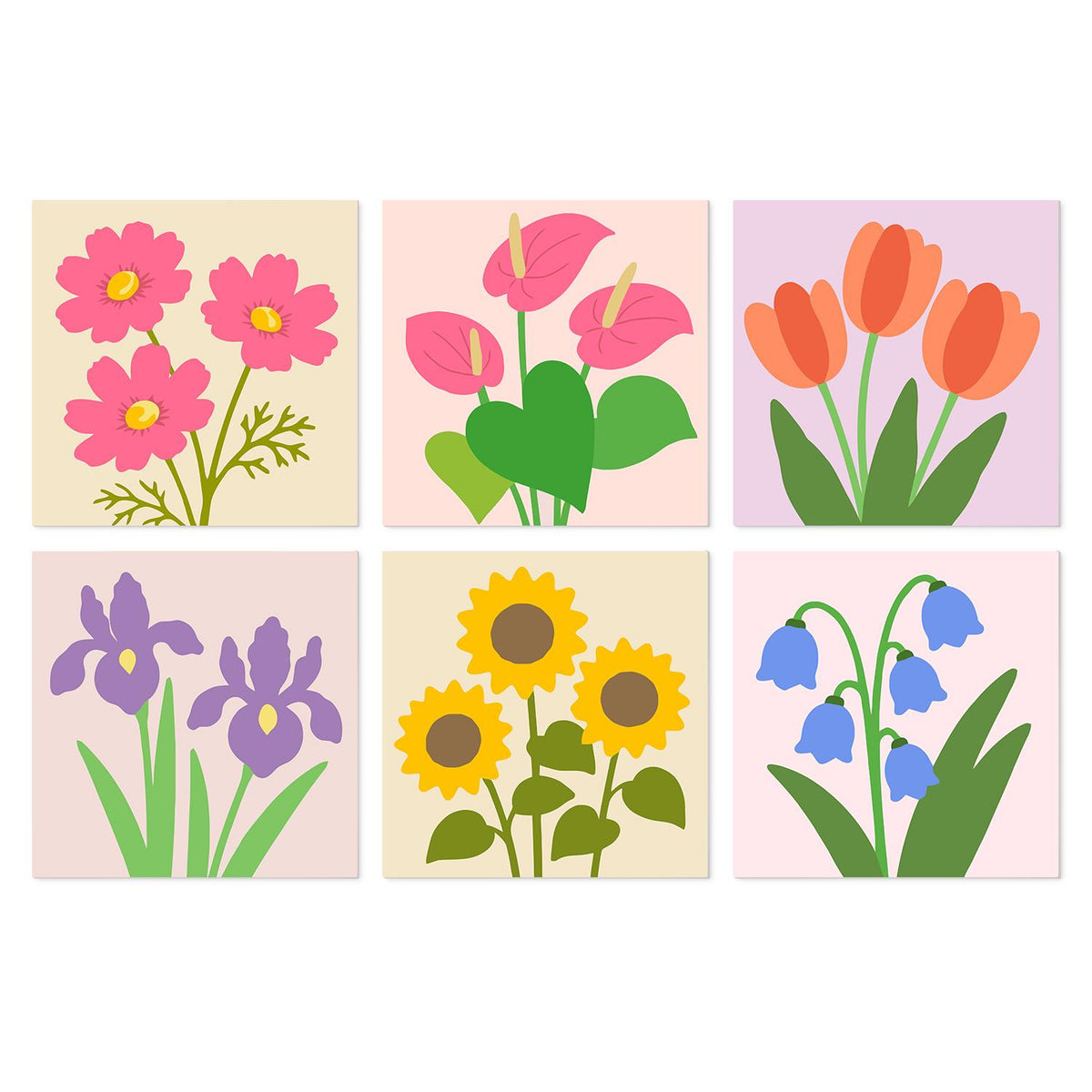 Sunflowers, Irises and Tulips mini board kit – Single flower studies of pink cosmos, anthurium, orange tulips, purple irises, sunflowers and bluebells