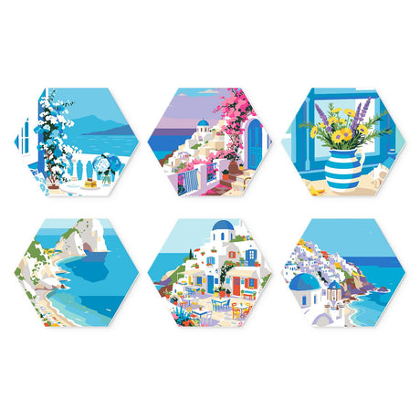 Blue Domes by the Aegean mini board kit – Greek island scenes: white terraces, pink bougainvillea steps, flowers in a window, sea cliffs and blue-domed churches