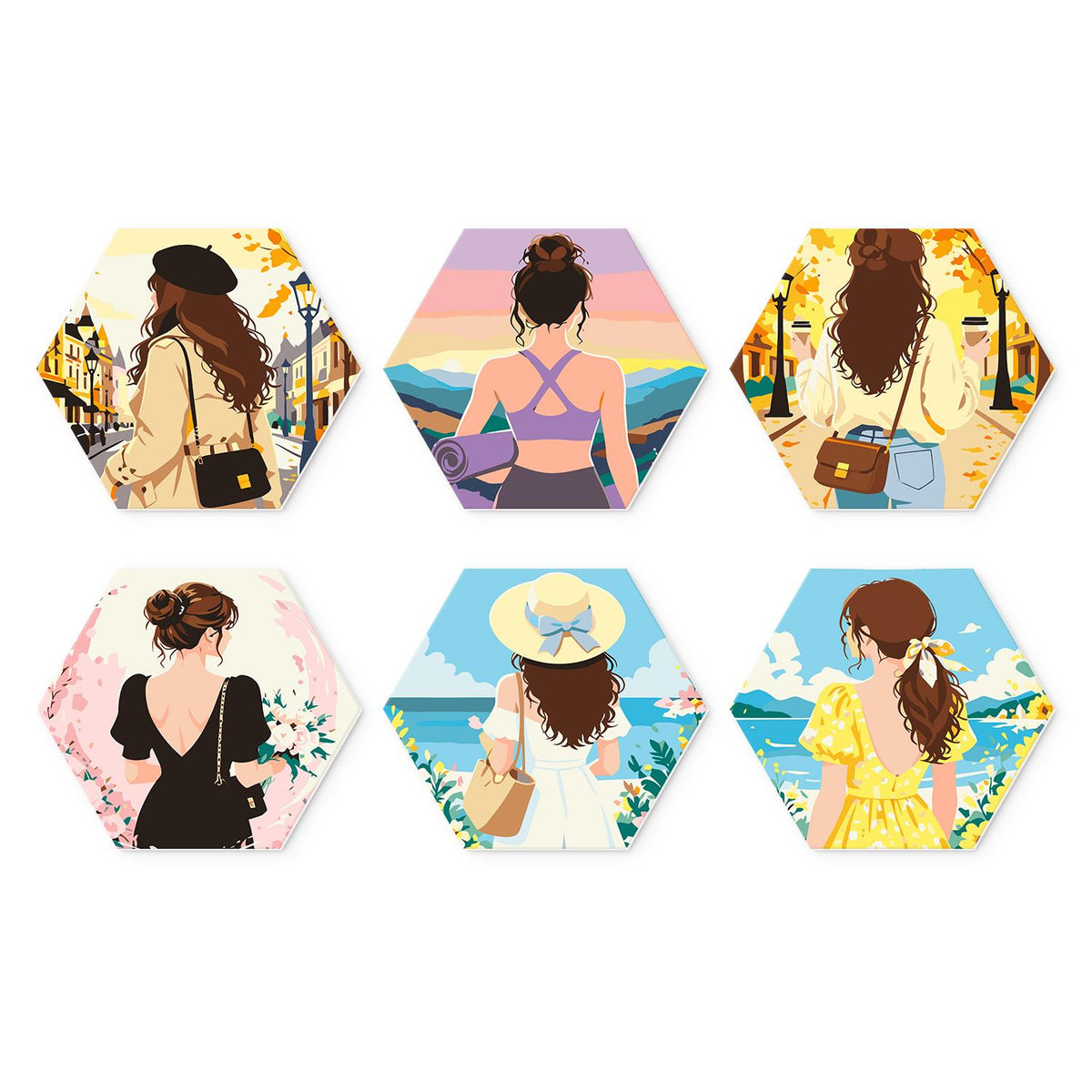 Beret and Sun Hat Getaways mini board kit – Women seen from behind on autumn streets, at a sunset lake, among flowers and by the sea in sun hats and dresses