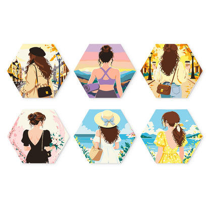 Beret and Sun Hat Getaways mini board kit – Women seen from behind on autumn streets, at a sunset lake, among flowers and by the sea in sun hats and dresses