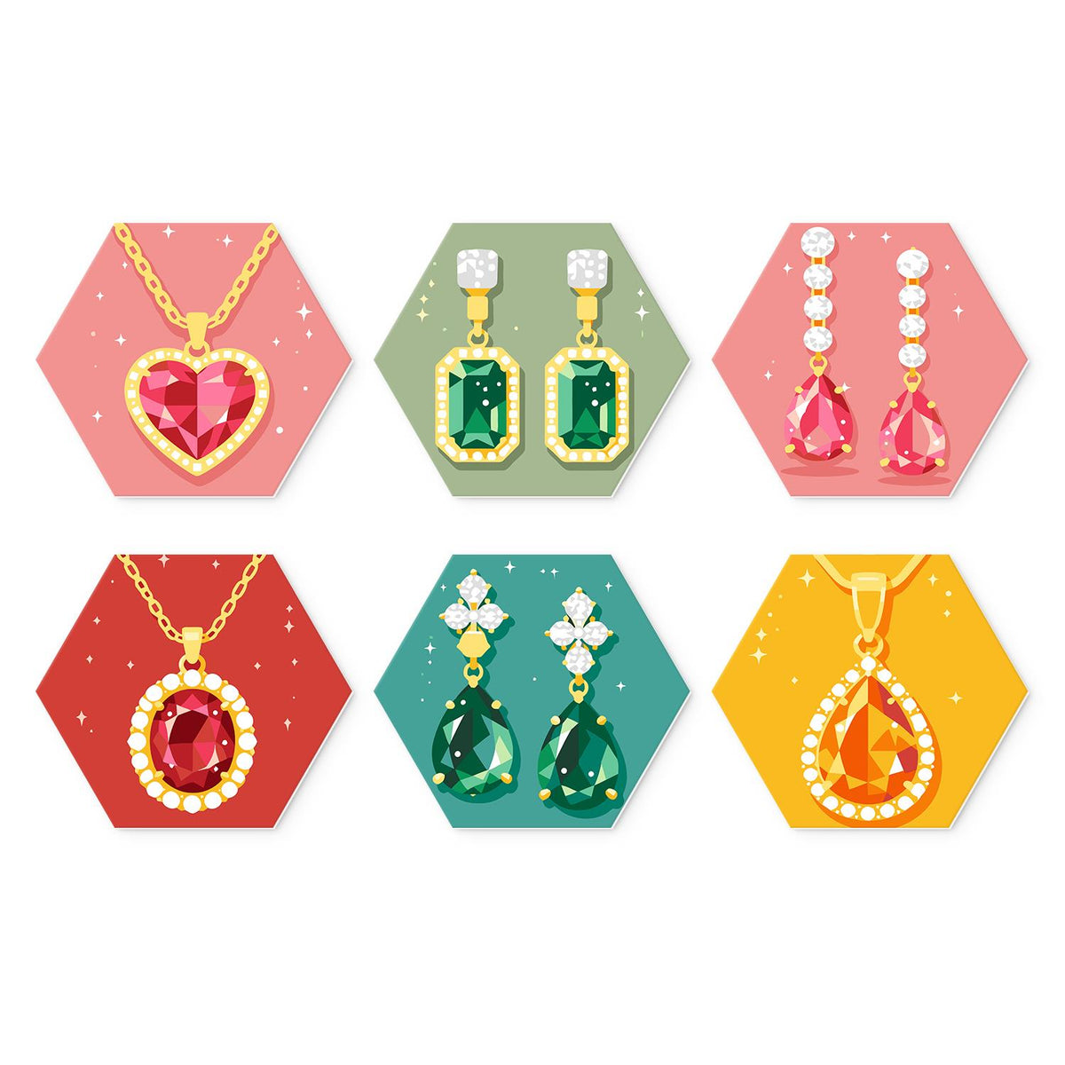 Ruby and Emerald Jewels mini board kit – Gemstone jewellery: ruby heart necklace, emerald and pink drop earrings, ruby and amber pendants on bright colours