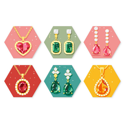 Ruby and Emerald Jewels mini board kit – Gemstone jewellery: ruby heart necklace, emerald and pink drop earrings, ruby and amber pendants on bright colours