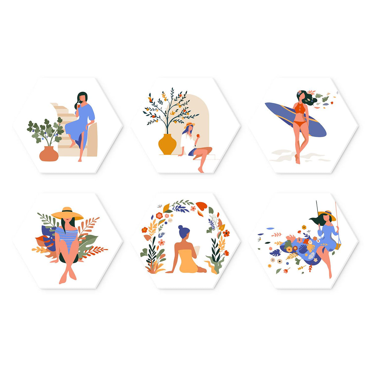 Wildflower and Surf Daydreams mini board kit – Women relaxing among plants and wildflowers, one with a surfboard, one in a sun hat, one in a flower wreath