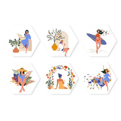 Wildflower and Surf Daydreams mini board kit – Women relaxing among plants and wildflowers, one with a surfboard, one in a sun hat, one in a flower wreath