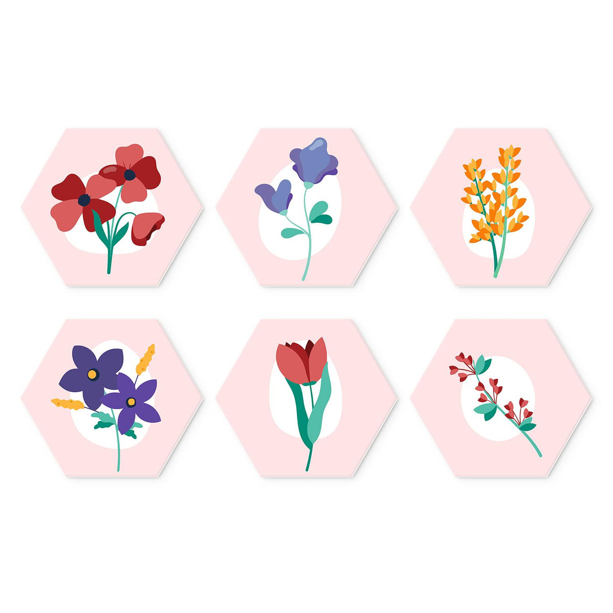 Blush Pink Botanical Sprigs mini board kit – Single flower stems on blush pink: red poppies, purple bellflower, yellow mimosa, violets, red tulip and berry sprig