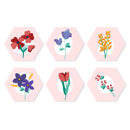 Blush Pink Botanical Sprigs mini board kit – Single flower stems on blush pink: red poppies, purple bellflower, yellow mimosa, violets, red tulip and berry sprig